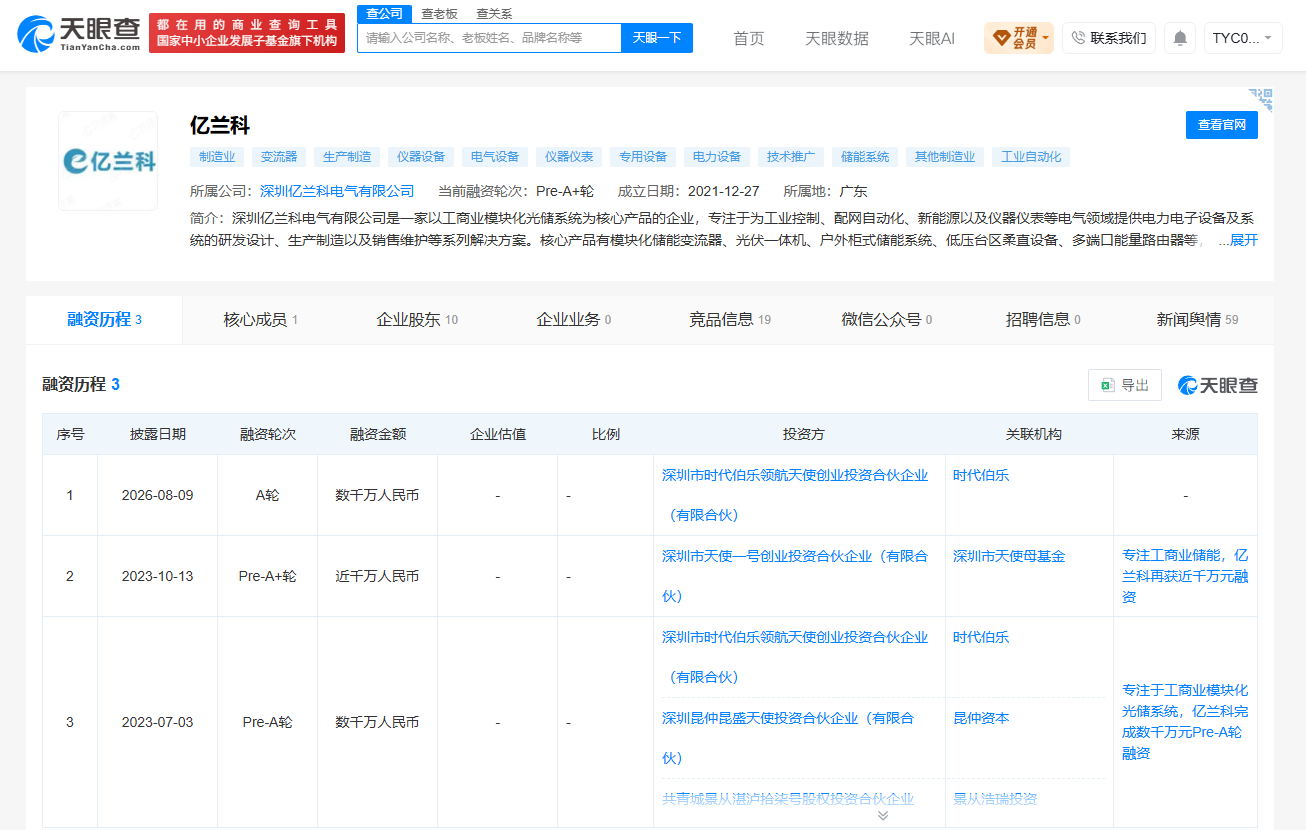 亿兰科完成数千万元A轮融资，夯实储能核心设备研发